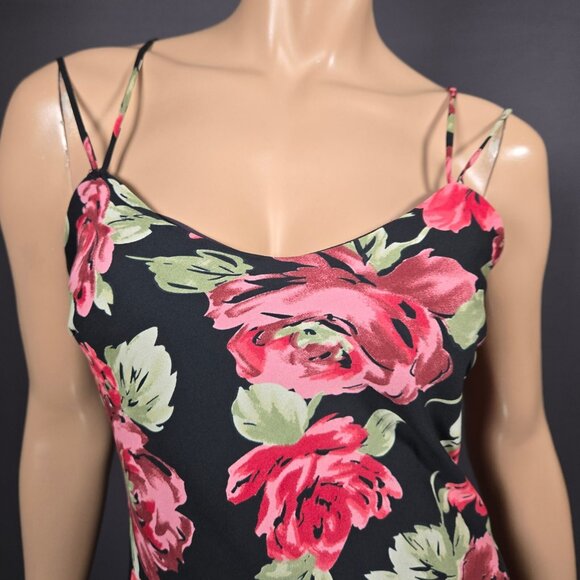 Vintage 90s Y2K Rose Print Black Midi Dress Size 8 Sleeveless Asymmetric Hem - Picture 2 of 9